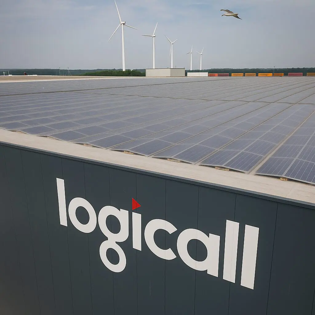 Zonnepanelen op het dak van Logicall vanaf de voorkant gezein.